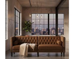 Chesterfield 3-zitsbank bruin kunstleer – luxe sofa met armleuningen, rugkussens en houten poten – comfortabele designbank voor woonkamer – Industrialhome vintage loungebank