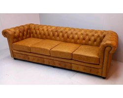 Chesterfield - 4 zits bank "SPRINGFIELD" 250 cm met 4 kussens - Vintage Rundleder lichtbruin