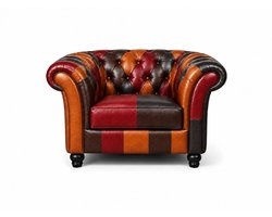 Chesterfield Bank 1-Zits - Patchwork - Multicolor - Curve Armleuning - Leer - Arm Chair - Chesterfield Meubel - Stoel Chesterfield