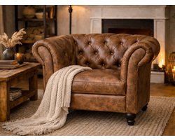 Chesterfield Bank 1-Zits - Vintage Bruin - Curve Armleuning - Suede Leer - Bank