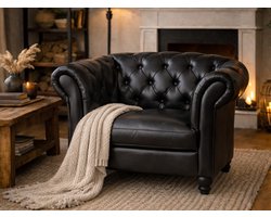 Chesterfield Bank 1-Zits - Zwart - Curve Armleuning - Leer - Arm Chair - Chesterfield Meubel - Stoel Chesterfield