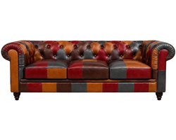 Chesterfield Bank - 3 Zits - Patchwork - Multicolor - Leer - Sofa - Chesterfield Meubel - Bank - Bankstel