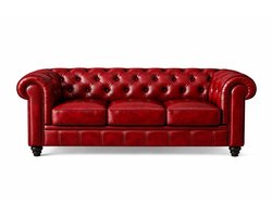 Chesterfield Bank - 3 Zits - Rood - Vintage - Leer - Sofa