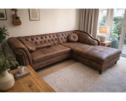 Chesterfield Bank - Hoekbank - 5 Zits - Vintage Bruin - Leer - Sofa - Bankstel