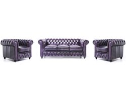 Chesterfield Bank Original Leer | 1 + 1 + 3 zits | Antiek Paars| 12 jaar garantie