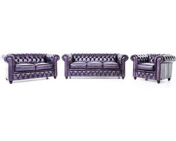 Chesterfield Bank Original Leer | 1 + 2 + 3 zits | Antiek Paars | 12 jaar garantie