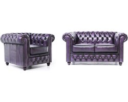 Chesterfield Bank Original Leer | 1 + 2 zits | Antiek Paars| 12 jaar garantie