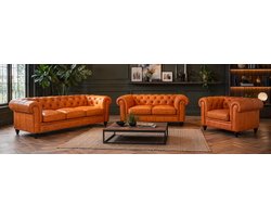 Chesterfield Banken 1-2-3 Zits - Cognac - Oker geel Vintage - Set - Bank - Sofa - Leer