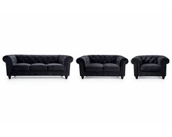 Chesterfield Banken 1-2-3 Zits - Velvet Zwart - Set - Bank - Sofa - Leer