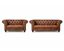 Chesterfield Banken Set 2 & 3 Zits - Curve Armleuningen - Vintage Bruin - Chesterfield - Sofa - Bankstel