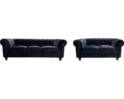 Chesterfield Banken Set - 2 & 3 Zits - Velvet Zwart- Fluweel- Design -