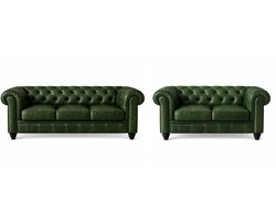 Chesterfield Banken Set - Leder - 2 & 3 Zits - Groen Vintage - Design