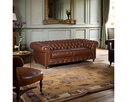 Chesterfield Belmont Leren Bank antiek 2-zits – 224 x 99 x 72 cm – Tijdloos Design met Industrieel Karakter - Industrialhome - chesterfield bank - Nieuw bruin ruiten echt leer