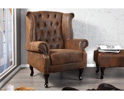 Chesterfield fauteuil 85cm antiek bruin met knoopstiksel en veerkern - 19448