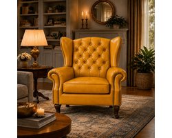 Chesterfield Fauteuil - Cognac Oker Geel - Leer - Stoel Chesterfield - Lounge Chair - Clubfauteuil - Relaxfauteuil - Loungestoel - Zetel