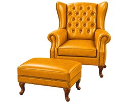 Chesterfield Fauteuil + Hocker - Cognac Oker Geel - Leer - Stoel Chesterfield - Arm Chair - Lounge Chair - Clubfauteuil - Relaxfauteuil - Loungestoel - Zetel