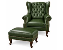 Chesterfield Fauteuil + Hocker - Groen - Leer - Stoel Chesterfield - Arm Chair - Lounge Chair - Clubfauteuil - Relaxfauteuil - Loungestoel - Zetel
