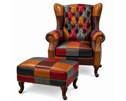 Chesterfield Fauteuil + Hocker - Patchwork Multicolor - Leer - Stoel Chesterfield - Arm Chair - Lounge Chair - Clubfauteuil - Relaxfauteuil - Loungestoel - Zetel