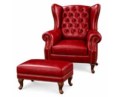 Chesterfield Fauteuil + Hocker - Rood - Leer - Stoel Chesterfield - Arm Chair - Lounge Chair - Clubfauteuil - Relaxfauteuil - Loungestoel - Zetel