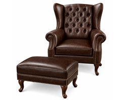 Chesterfield Fauteuil met hocker - Mokka Bruin - Leer - Wing Chair - Oorfauteuil