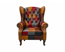Chesterfield Fauteuil - Patchwork Multicolor - Leer - Stoel Chesterfield - Arm Chair - Lounge Chair - Clubfauteuil - Relaxfauteuil - Loungestoel - Zetel