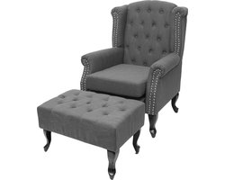 Chesterfield fauteuil, relax club fauteuil wing chair, waterafstotende stof/textiel ~ donkergrijs met voetenbank