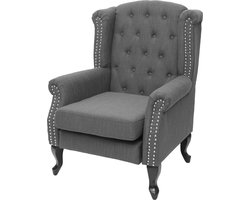 Chesterfield fauteuil, relax club fauteuil wing chair, waterafstotende stof/textiel ~ donkergrijs zonder voetenbank