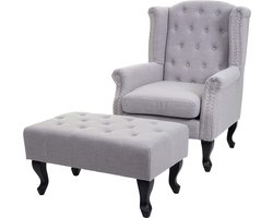 Chesterfield fauteuil, relax club fauteuil wing chair, waterafstotende stof/textiel ~ grijs met poef