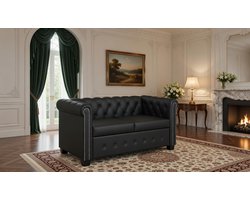 Chesterfield Luxe 2-zits bank zwart kunstleer – comfortabele zithoogte, stijlvolle knoppen en robuust houten frame – moderne lederen bank voor woonkamer, kantoor en lounge Casa Serena