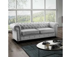 Chesterfield Zilveren Fluweel 3-Zits Bank voor Woonkamer 225 x 74 x 88 cm
