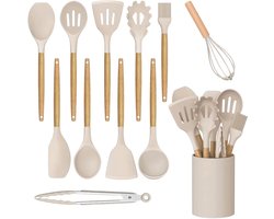 CHICFURN 12-delige Keukenhulpset voor Dagelijks Koken, Khaki Siliconen Keukengerei met Houten Handgrepen en Opbergrek, Inclusief Spatels, Lepels, Garde, Tang, Zeef, Kwast en Deegschraper, voor Keuken en Bakken