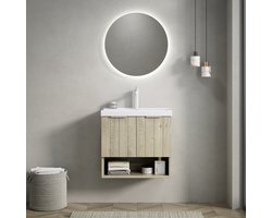CHICFURN Badkamermeubel 55 cm - Wandhangend - Keramische wastafel - 2 deuren en open vak - Kleine badkamer - Multiplex en keramiek - Crème eiken houtnerf