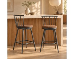 CHICFURN Barkruk - Gewatteerde zitting - 39 x 39 x 96 cm - Set van 2 - Met rugleuning - Keukeneiland en bar - Metaal en stof - Bruin