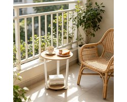 CHICFURN Bijzettafel 50 cm - 2 planken - rond - woonkamer, slaapkamer of balkon - metaal en hout - wit en licht eiken