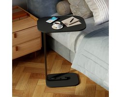 CHICFURN bijzettafel, banktafel, salontafel, laptoptafel en nachttafel met C-vormig ontwerp, mobiele tafel voor woonkamer en slaapkamer, houten tafelblad met zwart frame, geschikt voor laptop, boeken, snacks, koffie en dagelijks gebruik