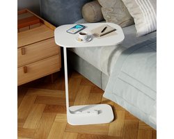 CHICFURN bijzettafel, banktafel, salontafel, laptoptafel en nachttafel met C-vormig ontwerp, mobiele tafel voor woonkamer en slaapkamer, houten tafelblad met wit frame, geschikt voor laptop, boeken, snacks, koffie en dagelijks gebruik