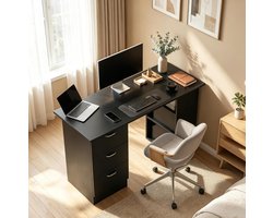 CHICFURN Computerbureau - Opbergruimte - 3 lades en 3 planken - Links of rechts - Zwart