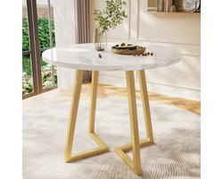 CHICFURN Eettafel - Marmerlook - Metalen onderstel - Wit/goud