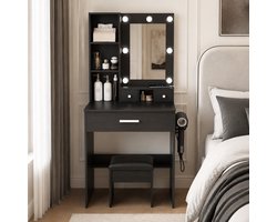 CHICFURN Kaptafel - LED-spiegel - 3 lades en open vak - Zwart