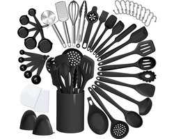 CHICFURN keukenaccessoires set, kookgerei set, keukengereedschap set en bakgerei set met 43 onderdelen, siliconen spatels, lepels, tangen, maatbekers en opbergemmer, zwarte keukenhulpen voor koken, bakken en dagelijks gebruik