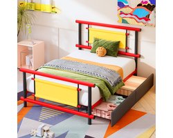 CHICFURN Kinderbed 90x200 cm - metalen bedframe met lades - rood