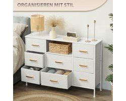 CHICFURN Ladekast 110 cm - 8 lades - Oplaadstation met USB en USB-C - 8 stoffen lades - Slaapkamer, hal, woonkamer of kantoor - Polyester, staal en spaanplaat - Crèmewit