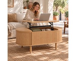 CHICFURN Salontafel 100 cm - hoogte verstelbaar - opklapbaar blad met opbergruimte - ovale vorm - woonkamer - MDF en hout - eikenkleur