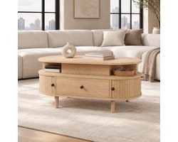 CHICFURN Salontafel - hoogte verstelbaar - opbergruimte - ovaal - naturel