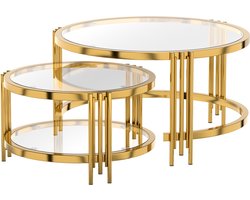 CHICFURN Salontafel Ø80 cm - 2-delige set - 2 niveaus - Rond - Woonkamer - Glas en metaal - Transparant goud