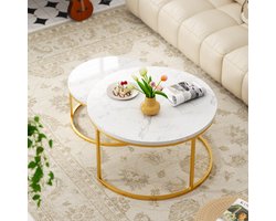 CHICFURN Salontafelset 80 cm - Stapelbaar - 2-delig - IJzeren frame - Woonkamer en kantoor - MDF - Wit en goud