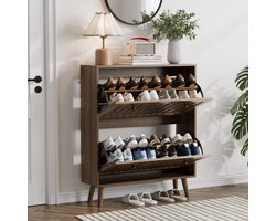 CHICFURN Schoenenkast 80 cm - 2 klepvakken - Verstelbare tussenschotten - Walnootkleur
