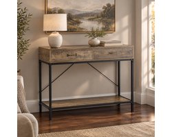 CHICFURN Sidetable - 2 lades en onderplank - Metalen frame - Bruin zwart
