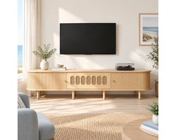 CHICFURN TV-meubel 180 cm - 5 gesloten vakken - Klapdeur en 2 roldeuren - 8 poten - Woonkamer - MDF - Natural
