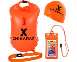 Chikarax zwemboei set voor openwaterzwemmen - Zwem boei met drybag - 28 liter - Waterdichte telefoonhoes - Drijvende telefoonhoes - swim cap - badmuts - Hattori 1.0 - Neon Oranje